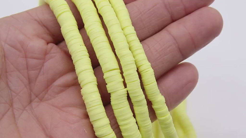 2 Strands 6 mm Clay Flat Beads, 8 mm Pastel Yellow Heishi beads in Polymer Clay Disc CB #137, Rondelle Multi Color