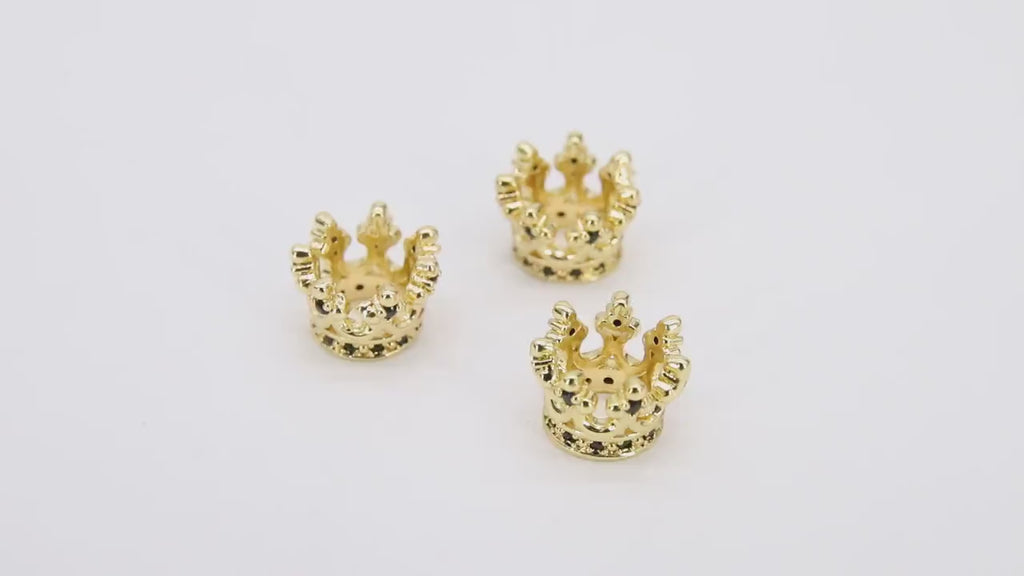 CZ Micro Pave Gold Crown Beads, Small Crown Shaped Beads #3368, Black CZ Queen Crown Spacers