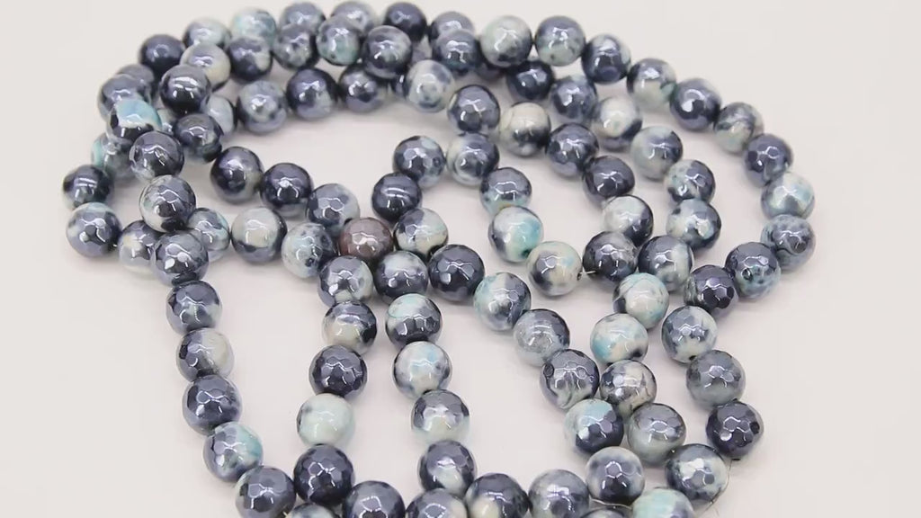 Electroplated Blue Black Agate Beads, Faceted Agate BS #229, White Cream Beads