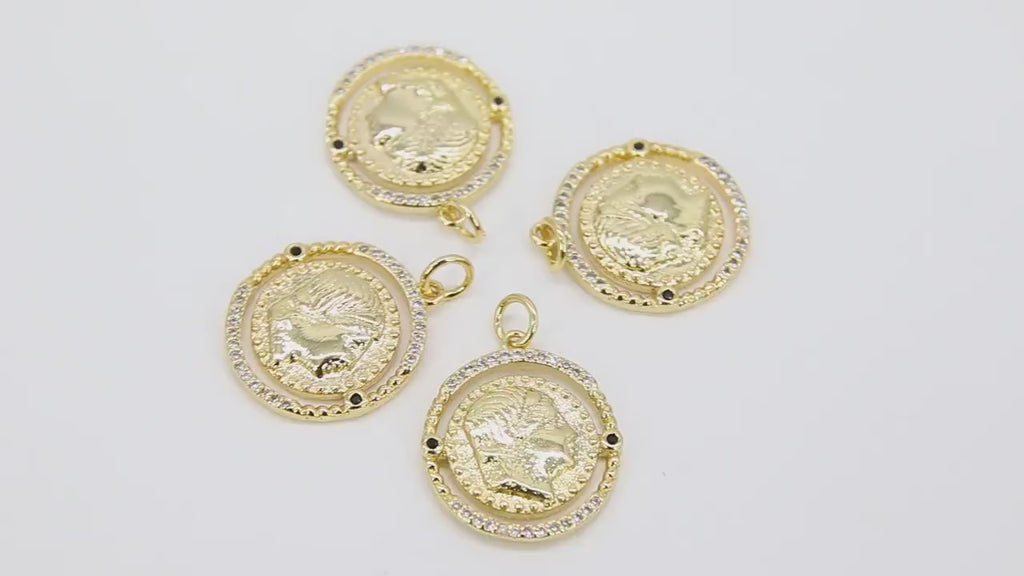 Gold Coin Charm, 4 Styles CZ Pave Round Disc Charms #2655, Athena Owl