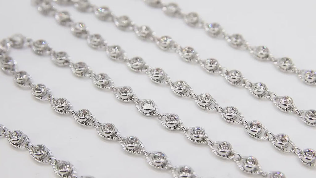 Genuine Cubic Zircon Chains, Silver Evil Eye Shaped Bezel Chains CH #569, 4 mm CZ Textured Connectors Links