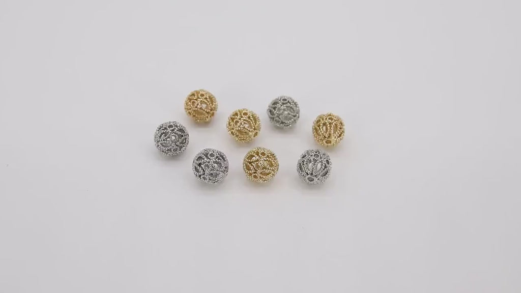 Gold Plated Round Filigree Beads, 5 Pc Patterned Silver Metal Beads #3352, Round High Quality 8 mm Focal Beads