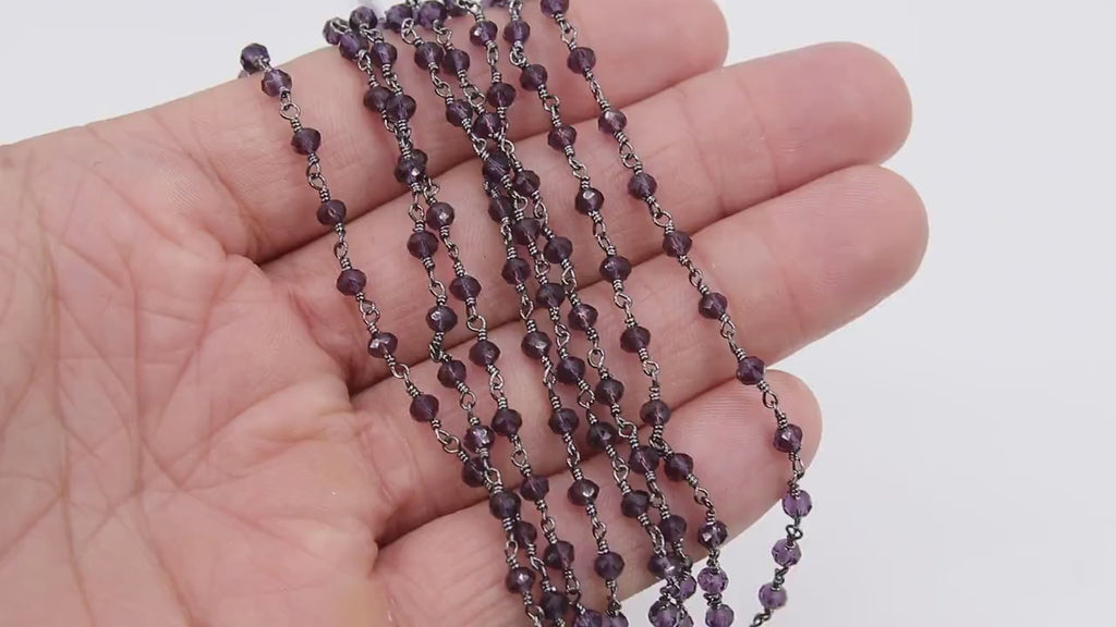 Amethyst Rosary Chain, 4 mm Purple Crystal Beaded Chains CH #306, Gunmetal Black Wire Wrapped