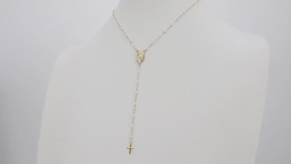 14 K Gold Filled White Beaded Satellite Cross Necklace, Virgin Mary Rosary Choker, Religious Dainty Medallion