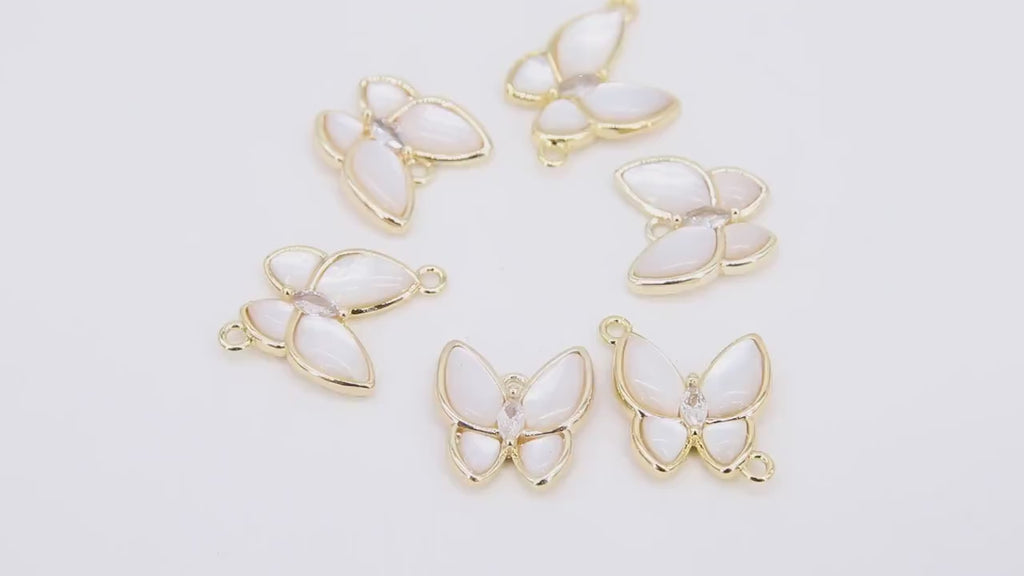 Gold Butterfly Connectors, CZ Micro Pave White Pearl Butterflies #235, African Monmouth Shell Butterfly