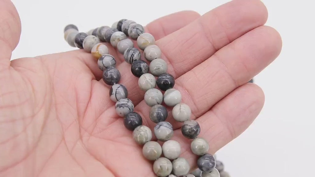 Picasso Stone Beads, Smooth Round Beige Black and Gray Beads BS #194, High Quality 8 mm 15.5 inch Strands