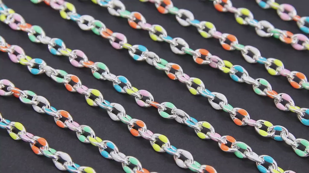 Dainty Silver Oval Satellite Enamel Chain, Rainbow Silver Necklace Rolo Chain CH #642, By the Foot Unfinished