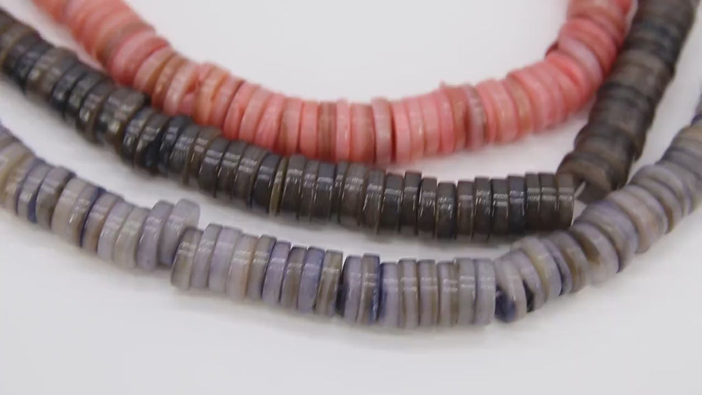 Shell Bead Heishi Bead Strands, Multi Color Black BS# 139, Fuchsia Pink and Gray Blue Flat Beads