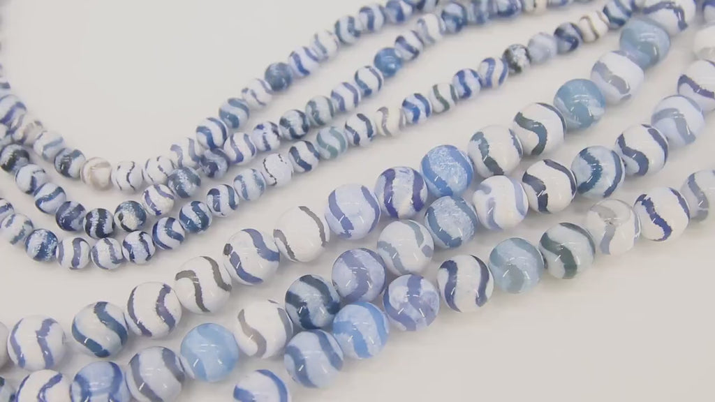 DZI Blue White Stripe Beads, Natural Tibetian Smooth Wavy Round Beads BS #5, sizes 6 mm or 10 mm 15 inch Strands