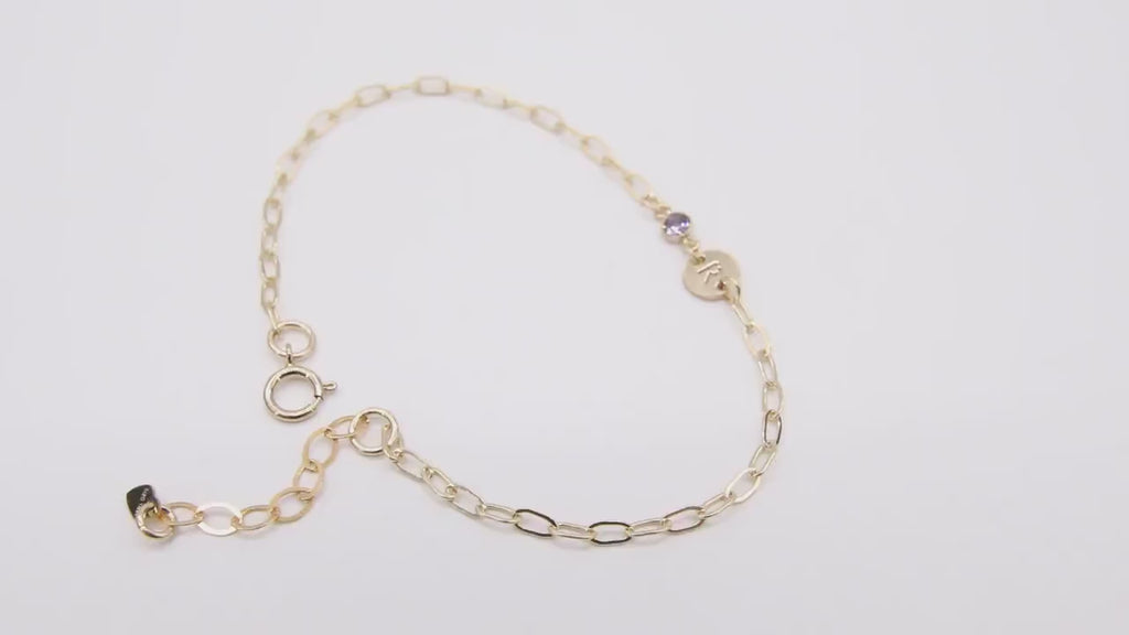 14 K Gold Filled Paperclip Initial CZ Chain Bracelet, Adjustable Birthstone Charm Bracelet, Stamped 14/20