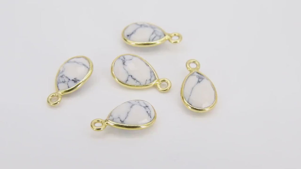 White Turquoise Teardrop Charms, Gold Oval White Howlite Gemstones #3434, Gold Over Sterling Silver Birthstone Pendants
