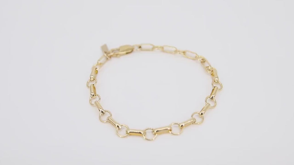 14 K Gold Filled Paperclip Chain Bracelet, Long Short Rolo Chain Link Bracelet, Rectangle Charm Stamped 14/20