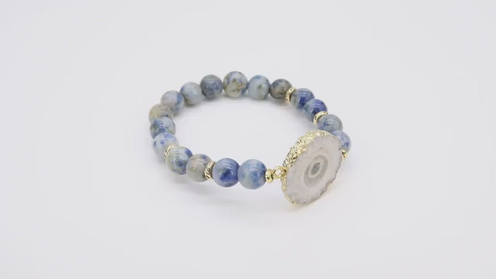 White Druzy Beaded Bracelet, 8 mm Blue Druzy Gold Stretchy Bracelet, Rondelle Heishi Gold Charm Bracelet