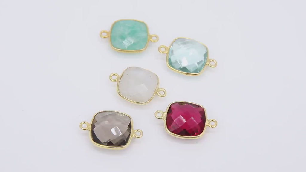Square Gemstone Connectors, Gold Birthstone Links AG #3545, Gold Plated 925 Sterling Silver