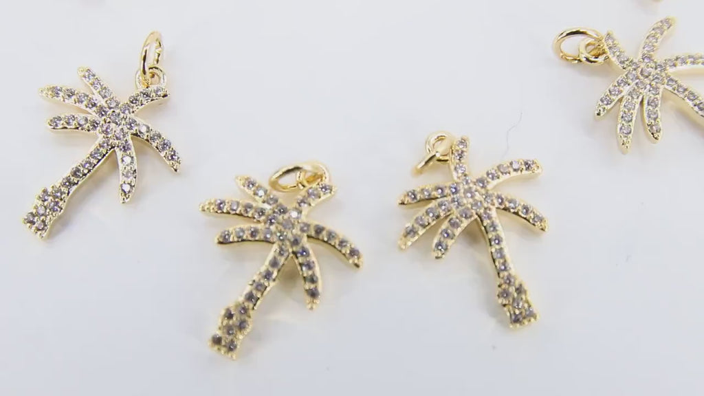 Gold Palm Tree Charms, CZ Micro Pave Coconut Tree Charms #387, Cubic Zirconia 14 x 18 mm Charms