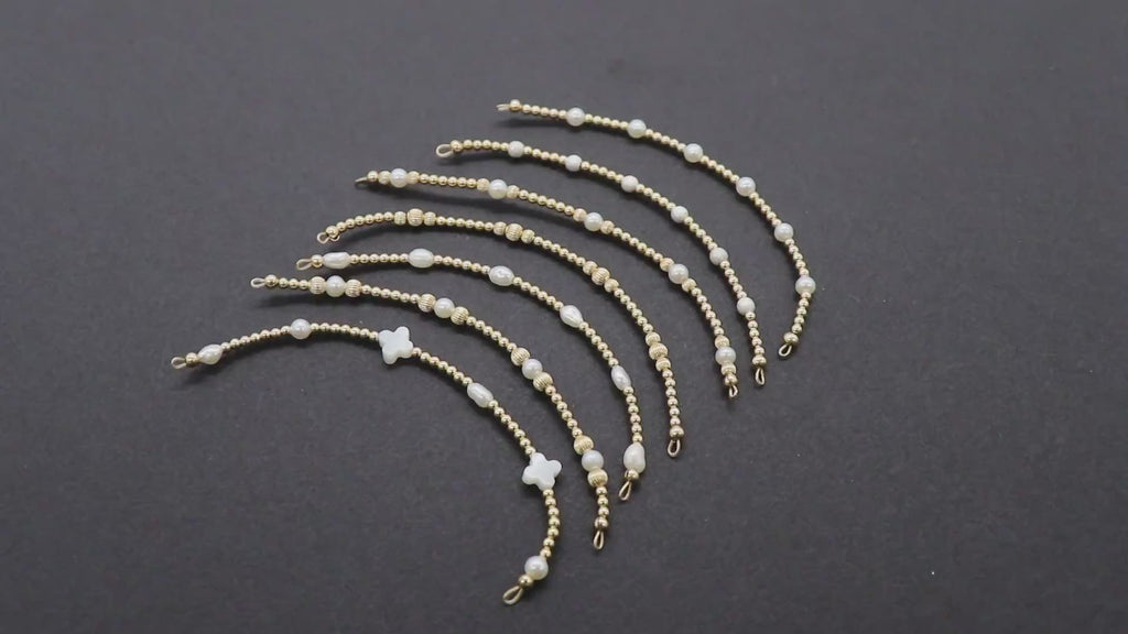 14 K Gold Filled Beaded White Connectors, Long Beaded Grade 5 Pearl and Gemstone Links # 3618, Permanent Jewelry Clover Half Bracelets