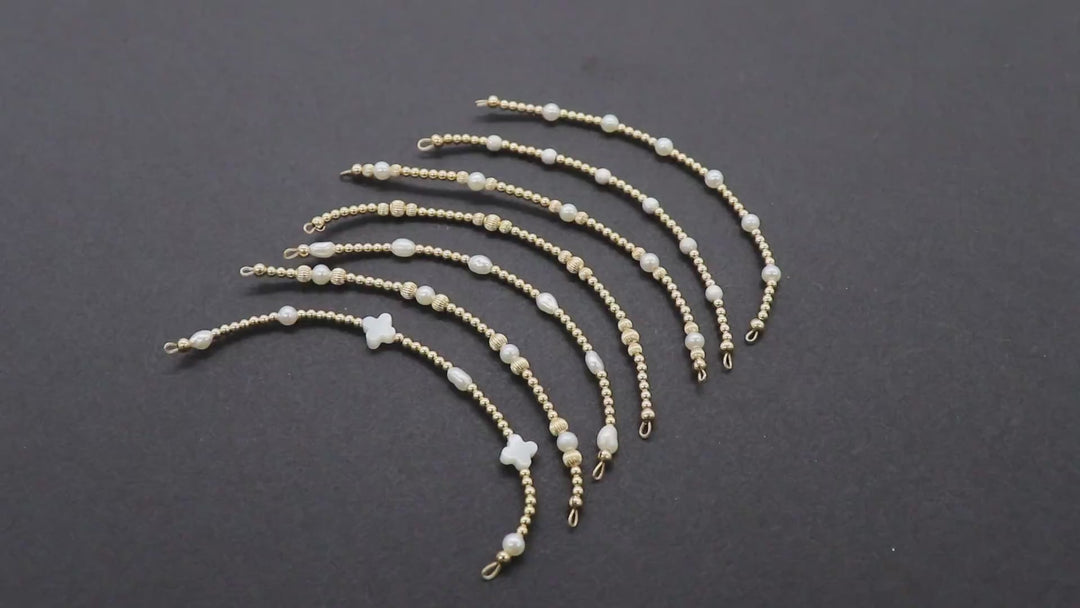 14 K Gold Filled Beaded White Connectors, Long Beaded Grade 5 Pearl and Gemstone Links # 3618, Permanent Jewelry Clover Half Bracelets