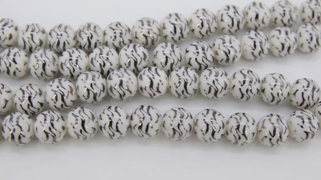 Black and White Beads, Shimmery Smooth Tiger Stripe Silver Beads BS #106, sizes 10 mm 11 inch Strands