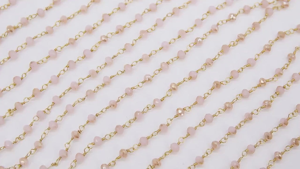 Pink Rosary Chains, 4 mm Pink Beige Mystic Crystal Gold Chains CH #418, Rondelle Wire Wrapped