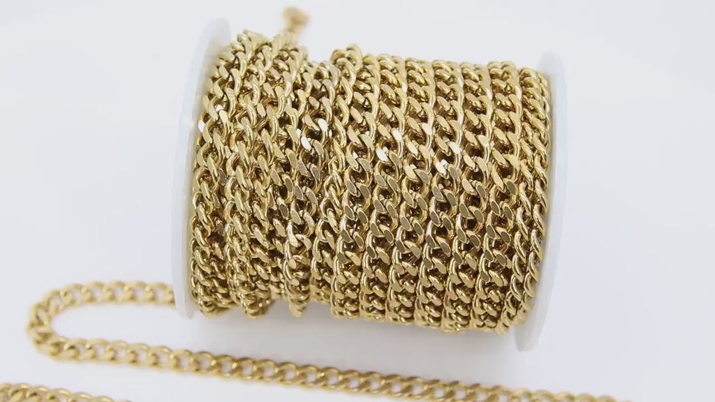 Gold Curb Chain, 6 mm Stainless Steel Heavy Flat 304 Cuban CH #216, Vacumn Plated Diamond Cut Oval Unfinished Chains
