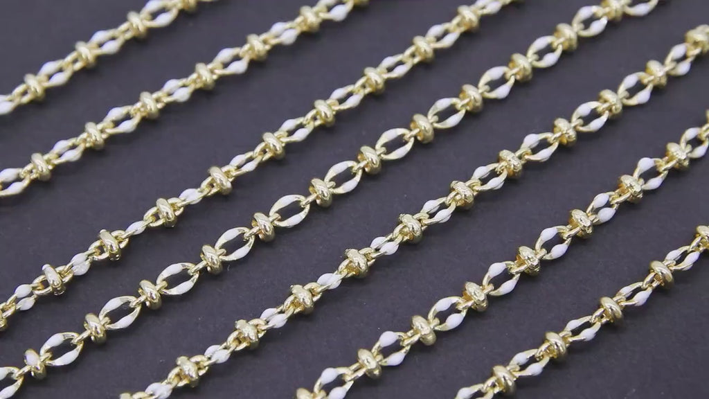 Gold Beaded Sequin Enamel Chain, White or Black and Gold Beaded Dapped Chain CH #648, By the Yard Unfinished