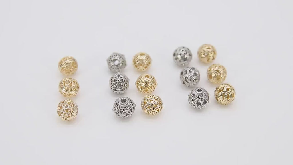 Gold Plated Round Filigree Beads, 5 Pc Patterned Silver Metal Beads AG #3355, Round High Quality 8 mm Focal Beads