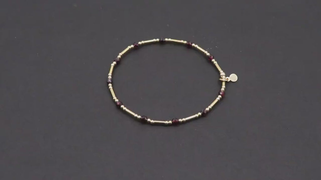 14 K Gold Filled Bead Garnet Stretchy Bracelet, Dainty Tube Gemstone Stacking Bracelet, Handmade Waterproof Red January Birthstone Gemstone