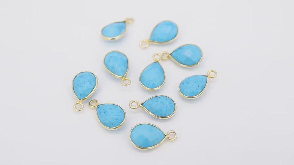 Blue Turquoise Teardrop Charms, Gold Plated Faceted Blue Gemstones #2860, Sterling Silver Birthstone Pendants