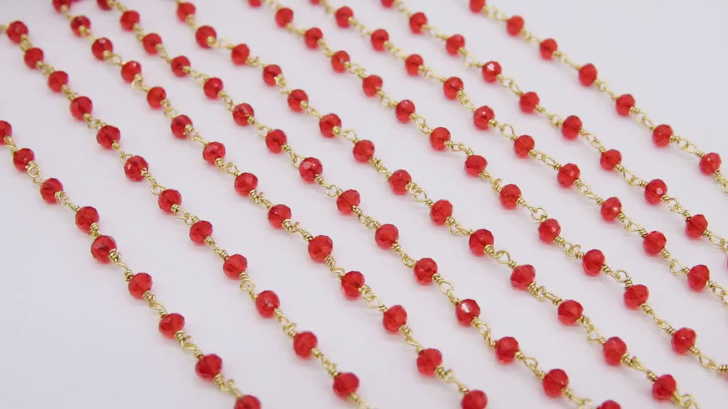 22k Gold Plated Ruby Red Rosary Chain, Cranberry Red 4 mm Chains CH #427, Red Jewelry Making