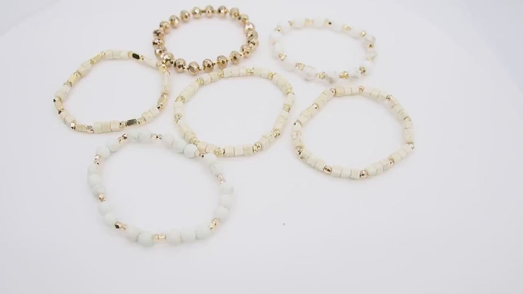 White Turquoise Beaded Bracelets, Gold and Creamy Beige Stretchy Bracelet Stacks, Cube Beaded Crystal Bracelets