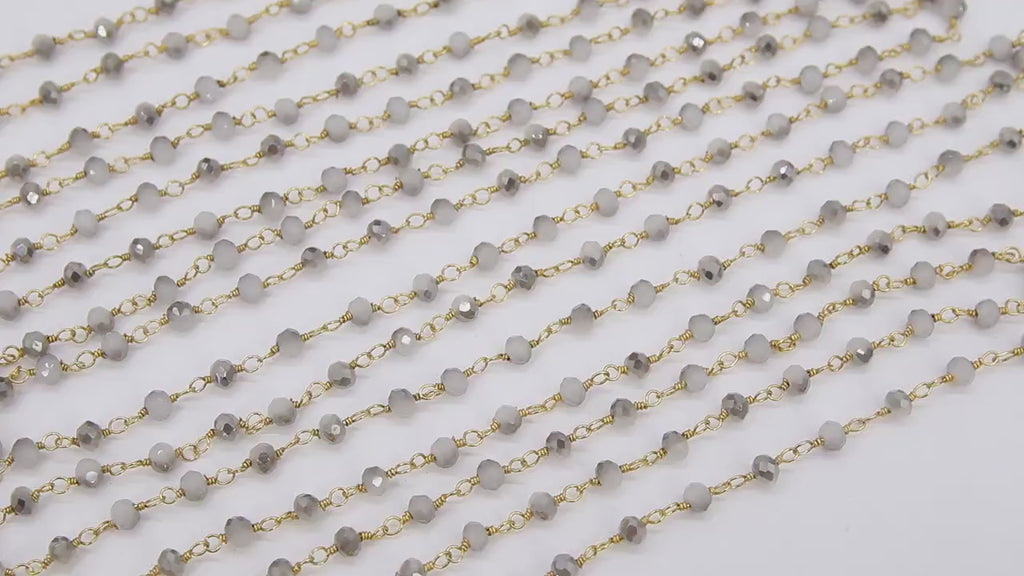 White Rosary Chain, 4 mm Light Gray White AB Beaded Chain CH #422, Gold Wire Wrapped Opalite