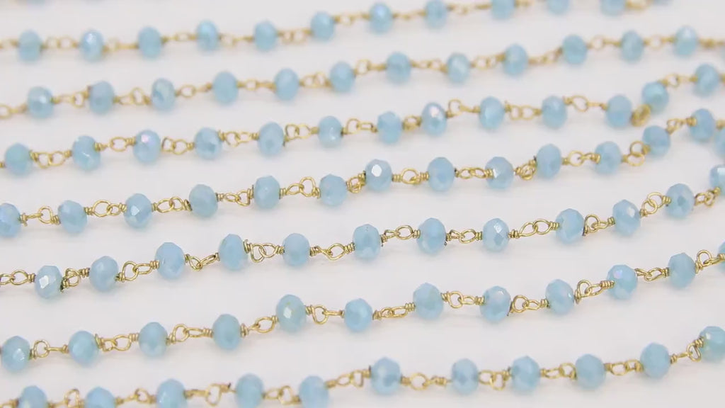 Blue Crystal Rosary Chain, 4 mm Gold Chains for Jewelry Making CH #423, Maui Ocean Blue Beaded Rosary