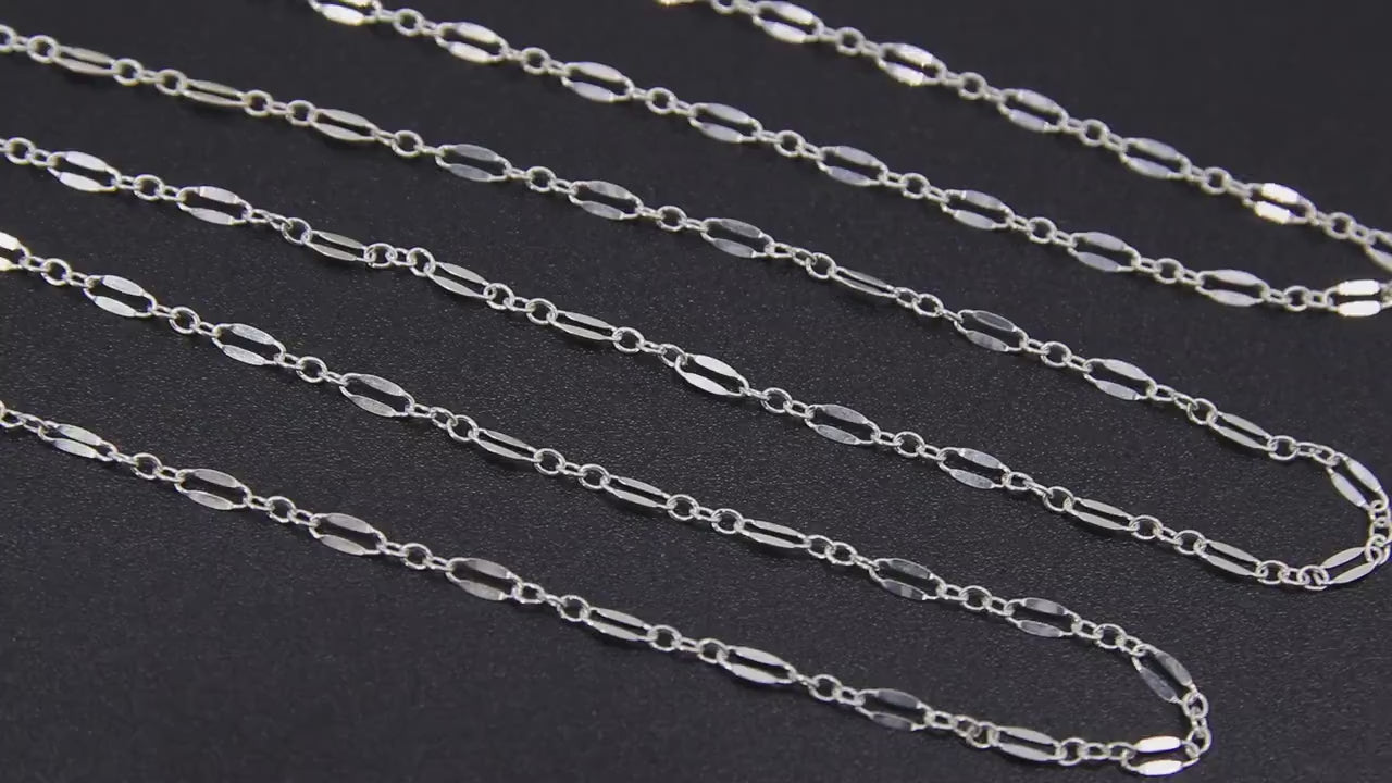 925 Sterling Silver Bar Chain, Silver Long and Short Sequin 2.3 mm Chain CH #829, Unfinished Flat Drawn Chains