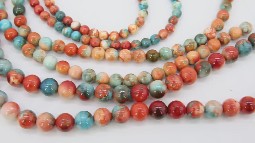 Fossil Beads, Smooth Round Dyed Blue, Orange