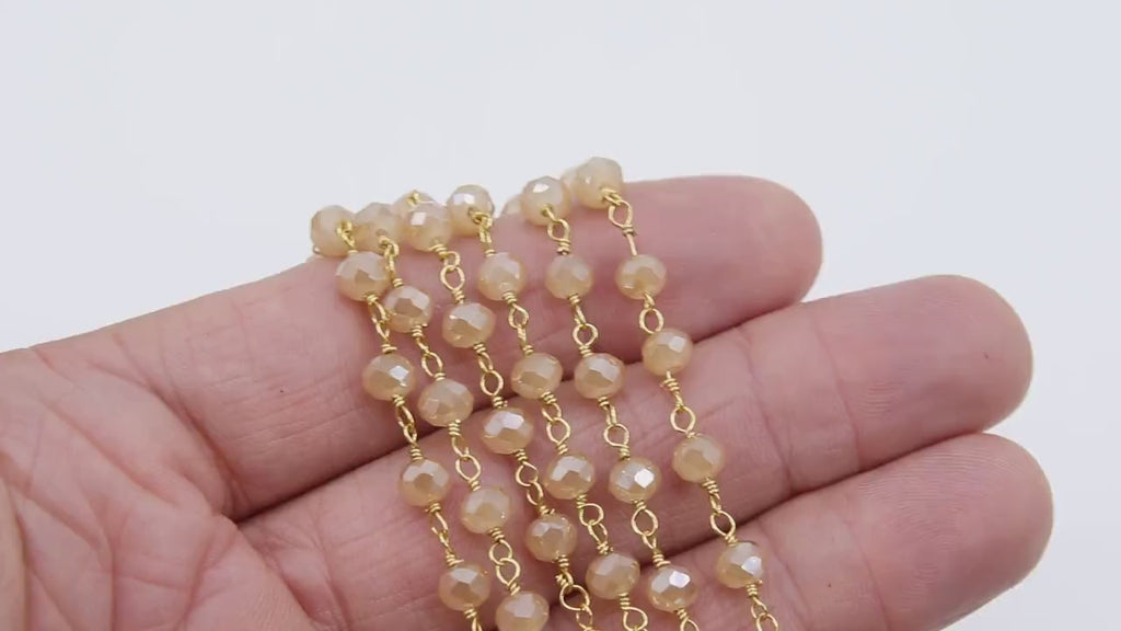 Creamy Beige Rosary Chain, 6 mm Chains for Jewelry CH# 414, Gold Wire Wrapped