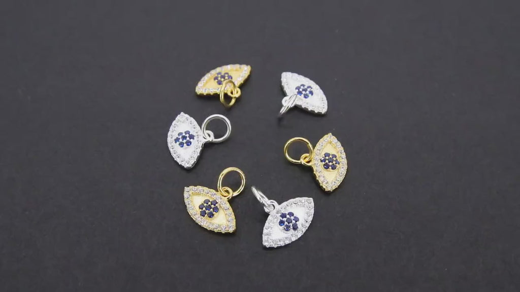 925 Sterling Silver Evil Eye Charms, Gold CZ Micro Pave Blue Evil Eyes Charms # 3509, Tiny Minimalist Jewelry Charm
