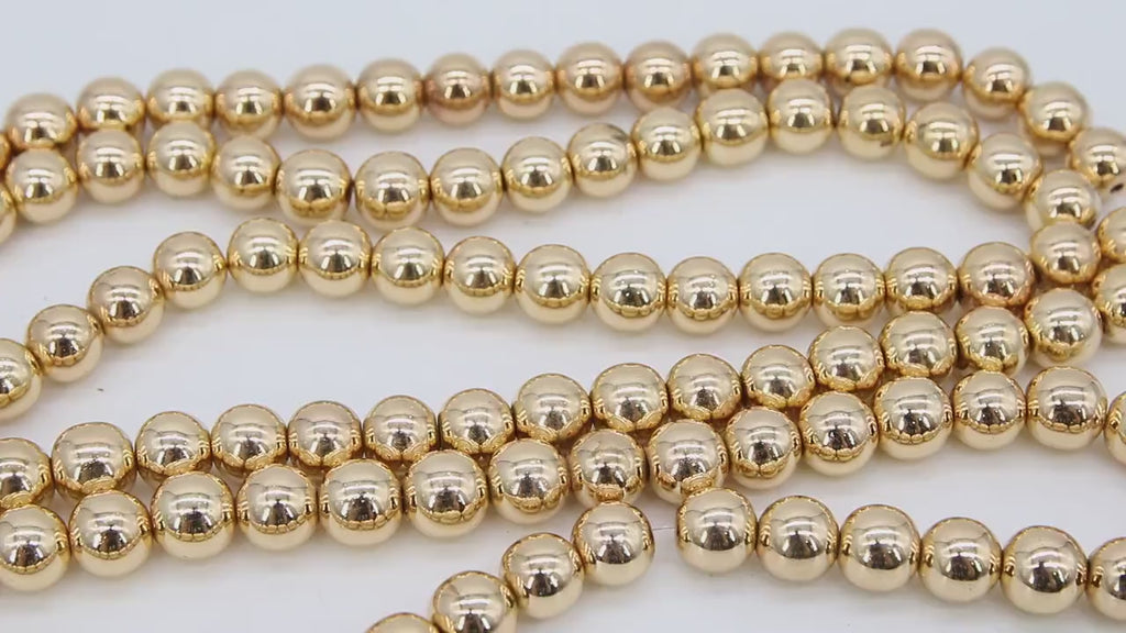 Gold Round Hematite Beads, Shimmery Smooth Polished 14 k Light Gold Color Non Magnetic Beads BS #93, sizes 10 mm 14 inch Strands