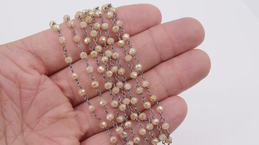 Creamy Beige  Chain, 4 mm Gold Wire Wrapped Chain CH #412, Black Wire Wrap