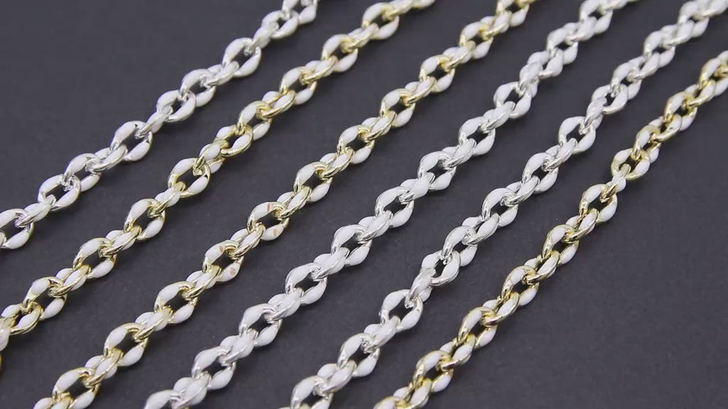 Gold Oval Satellite Enamel Chain, White and Silver Jewelry Rolo Chain CH #643, By the Foot Unfinished