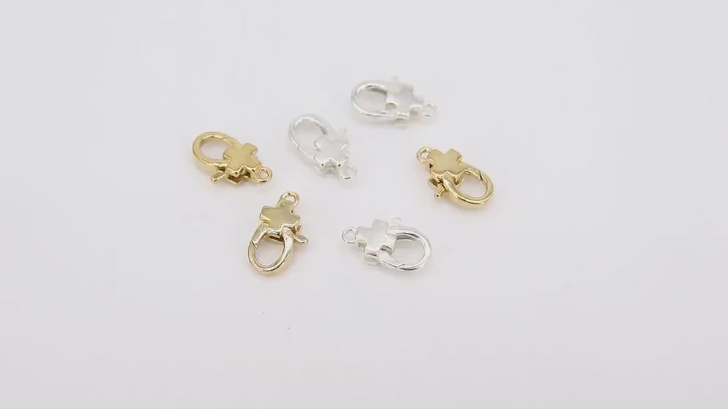925 Sterling Silver Cross Lobster Clasp, 12 mm Gold Spring Clip #2289, Stamped 925 Religious Clasp