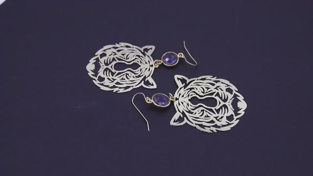 Gold Tiger Head Earrings, 14 K Gold Filled Hook Ear Wires AG# 2405, Purple Dangle LSU Gameday Jewelry