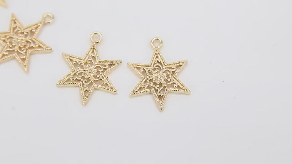 Gold Filled Star Charms, Medium Filigree Dainty Starburst Pendants # 124, Bracelet