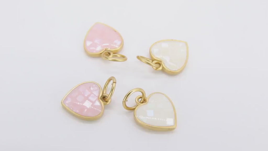 Gold Shell Heart Charms, White Shell Dainty Hearts #3448, Small Matte Gold Pink Heart Charms
