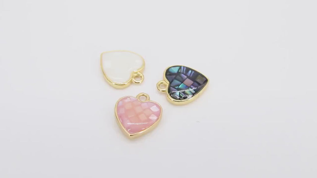 Gold Shell Heart Charms, 10 mm White Shell Dainty Hearts #3445, Small Pink