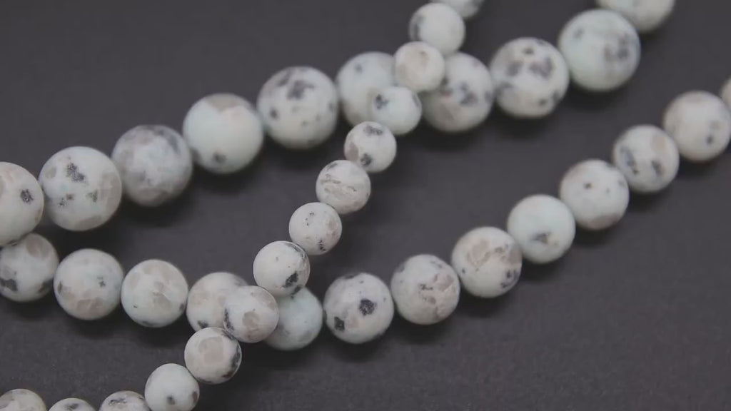 Natural Baby Blue Kiwi Beads, Frosted Sesame Round Blue BS #31, Black Spot Lotus Jasper Beads