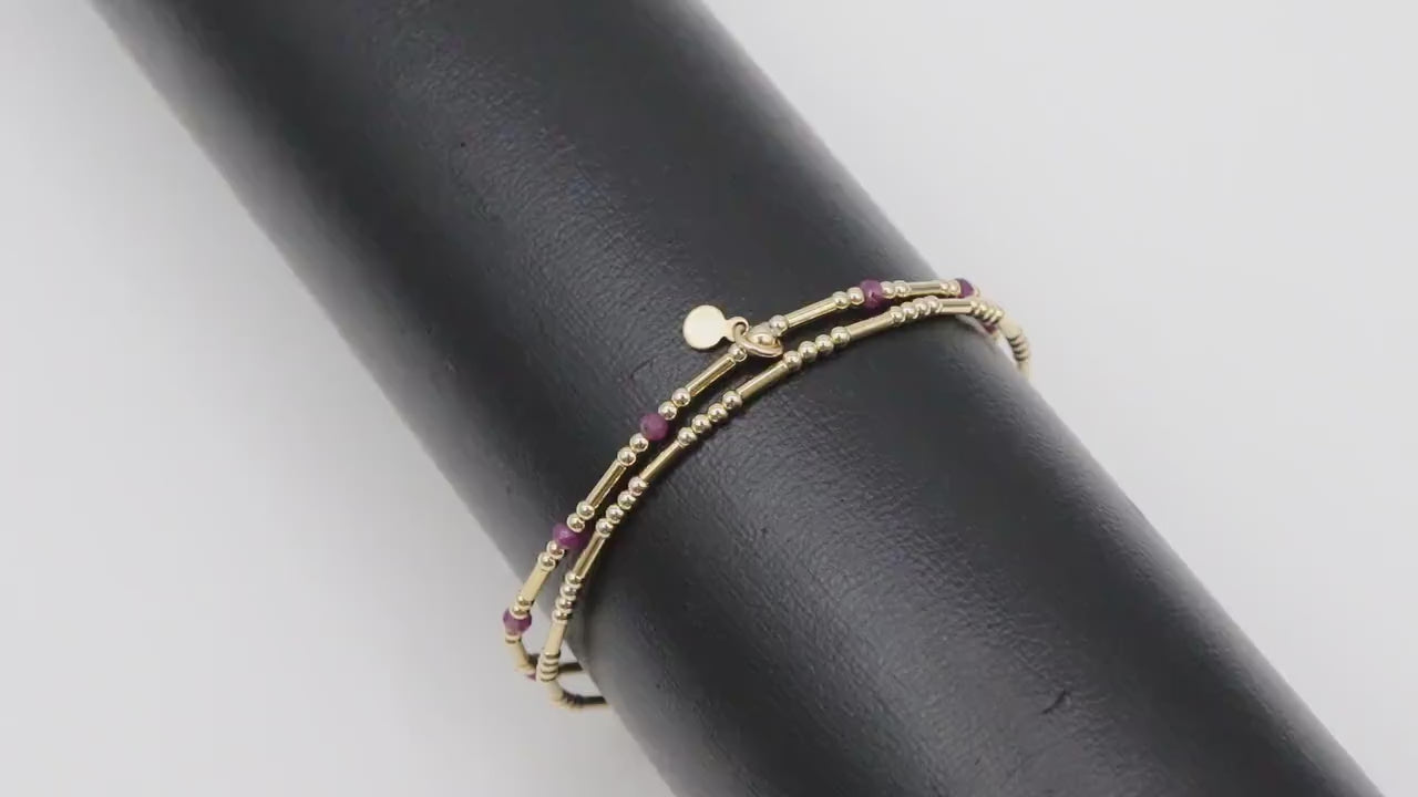 14 K Gold Filled Beaded Pink Tourmaline Stretchy Bracelet, Dainty Tube Gemstone Stacking Bracelet, Handmade