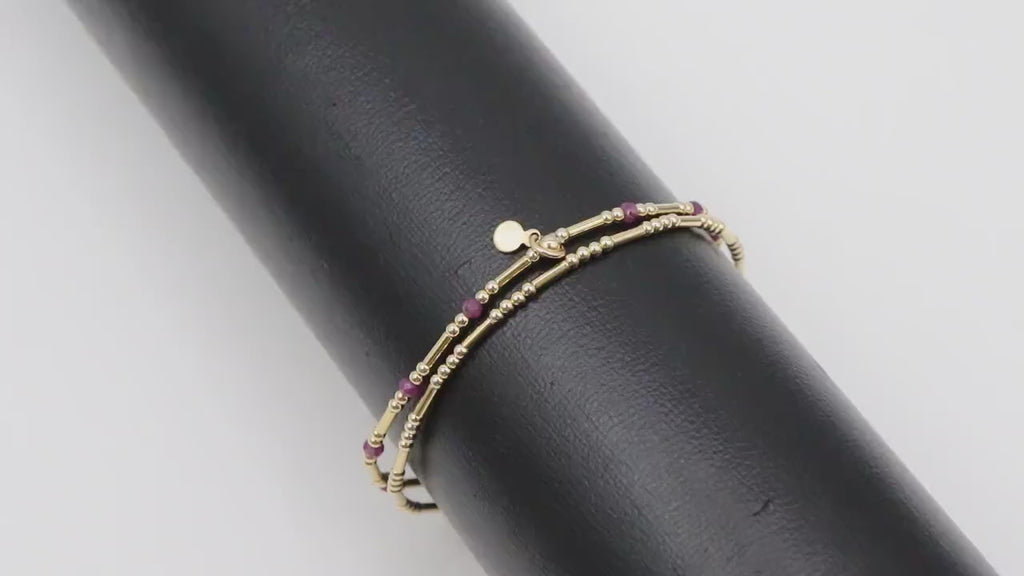14 K Gold Filled Beaded Pink Tourmaline Stretchy Bracelet, Dainty Tube Gemstone Stacking Bracelet, Handmade
