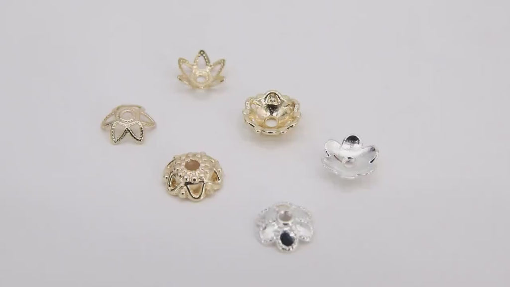 Gold Bead Caps, 8 mm Silver Bead End Caps Styles #3415, Round Petal Star Discs