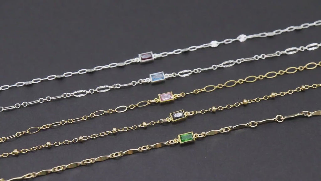 14 K Gold Filled CZ Bracelet, 925 Sterling Silver Rectangle Birthstone Charm Bracelets, Beaded Satellite