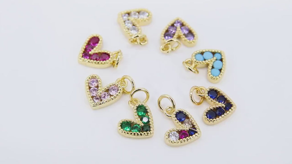 Gold CZ Beaded Heart Charms, 6 mm or 10 mm Minimalist Tiny Charms #548, Blue Turquoise Black Pink Green Purple Heart Charms